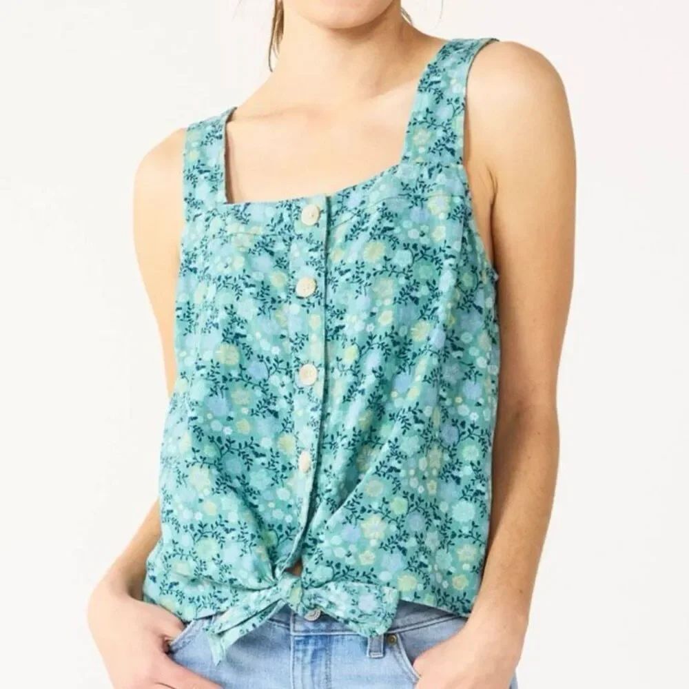 Sonoma Goods For Life Tie Hem Squareneck Tank Teal Floral Linen NWT Women’s XL